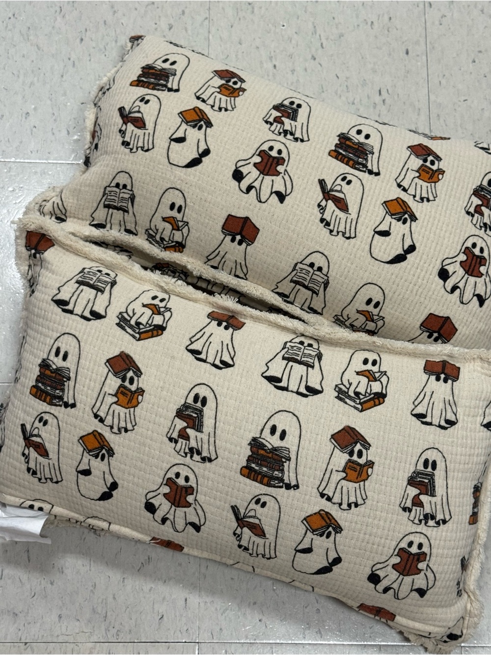 2 Cute Reading Ghost Print Pillows - Cream with Brown & Black Accents